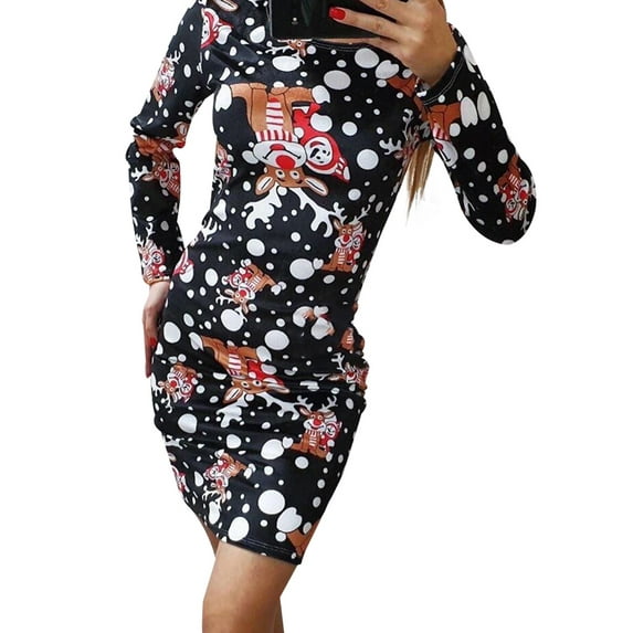 DYMADE Women Christmas Print Slim Fit Jacquard Long Sleeve Dress