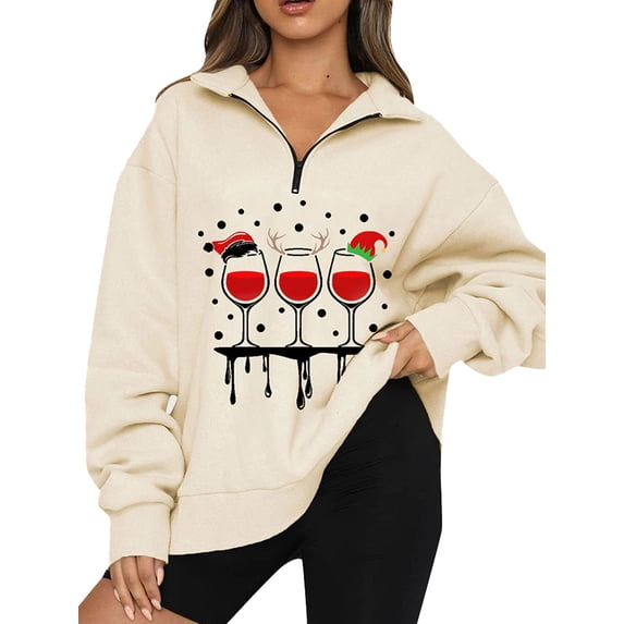 DYMADE Women Christmas Printed Casual Zipper Lapel Sweatshirt Top