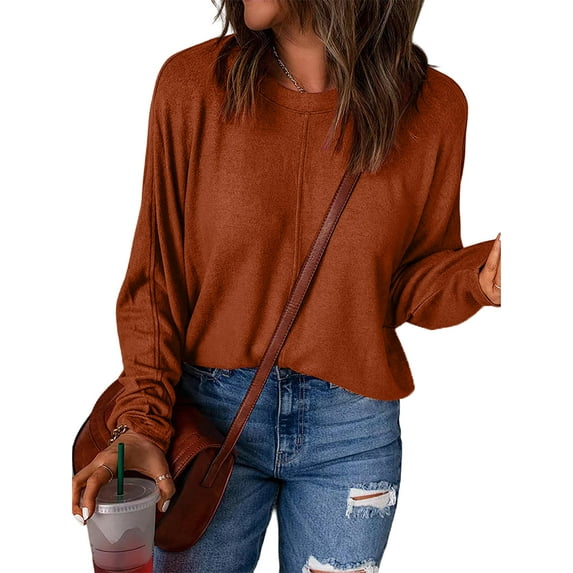 DYMADE Women Classic Casual Loose Solid Color Pullover Long Sleeve Blouse Top