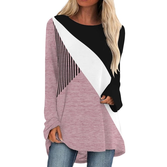 DYMADE Women Colorblock Printed Round Neck Medium Length Long Sleeve Loose T-shirt