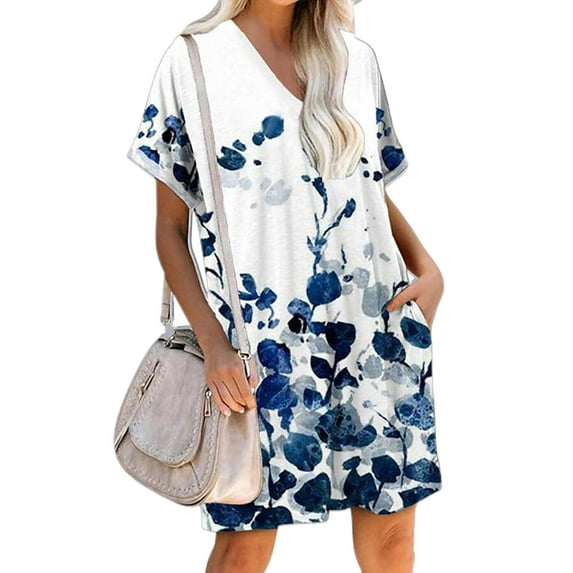DYMADE Women Commute Floral Printed V-neck Side Pocket Casual Dress