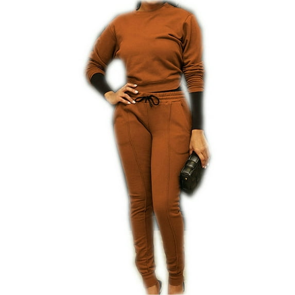 DYMADE Women Commuter Solid Crew Neck Long Sleeve Fashion Top And Drawstring Pants Set
