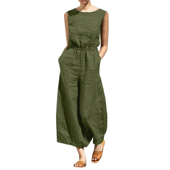 DYMADE Women Cotton Linen Tank Sleeveless Jumpsuit Summer Thin Wide Straight Leg Boilersuit