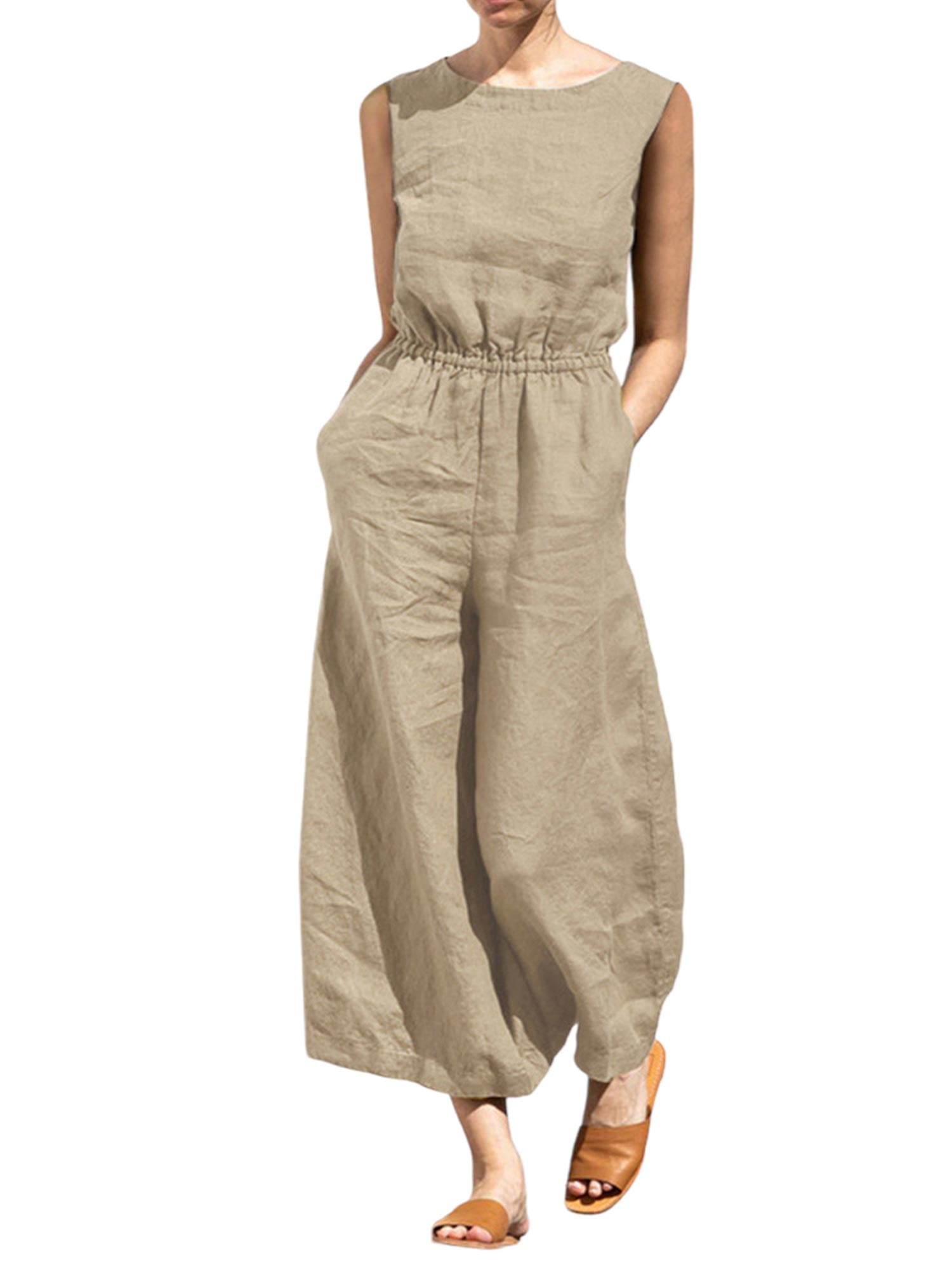 Ladies Wide Leg Plain Linen Jumpsuit