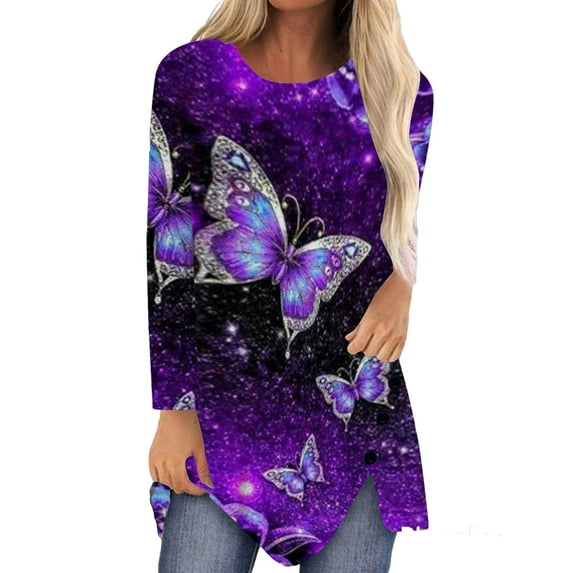 DYMADE Women Crew Neck Casual Button Printed Long Sleeve Top