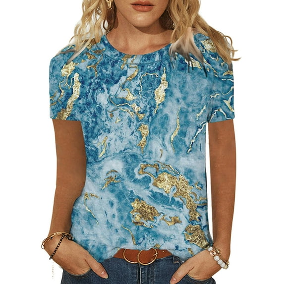 DYMADE Women Crew Neck Pullover Printed Casual Short Sleeved T-shirt