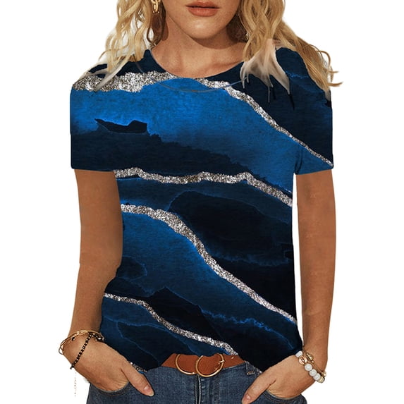 DYMADE Women Crew Neck Pullover Printed Casual Short Sleeved T-shirt