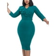 thumbnail image 1 of DYMADE Women Elegant V-Neck 3/4 Sleeve Ruffle Beaded Slim Waist Bodycon Dress, 1 of 4