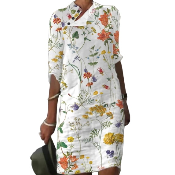 DYMADE Women Fashion Casual Stand Collar Button Sleeve Printed Dress Mini A-Line Dress