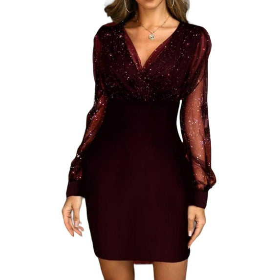 DYMADE Women Fashion Sequins Long Sleeve V-Neck Zip Bodycon Dress