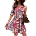 thumbnail image 1 of Cilcicy Women Fashion V-neck Retro Elastic Waist Print Long Sleeved A-Line Dress, 1 of 4
