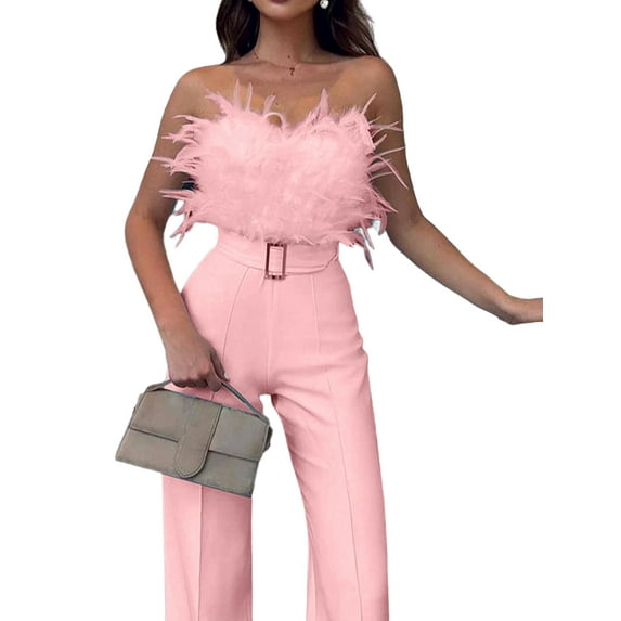 DYMADE Women Feather Strapless Solid Color Sexy Fashion Jumpsuit