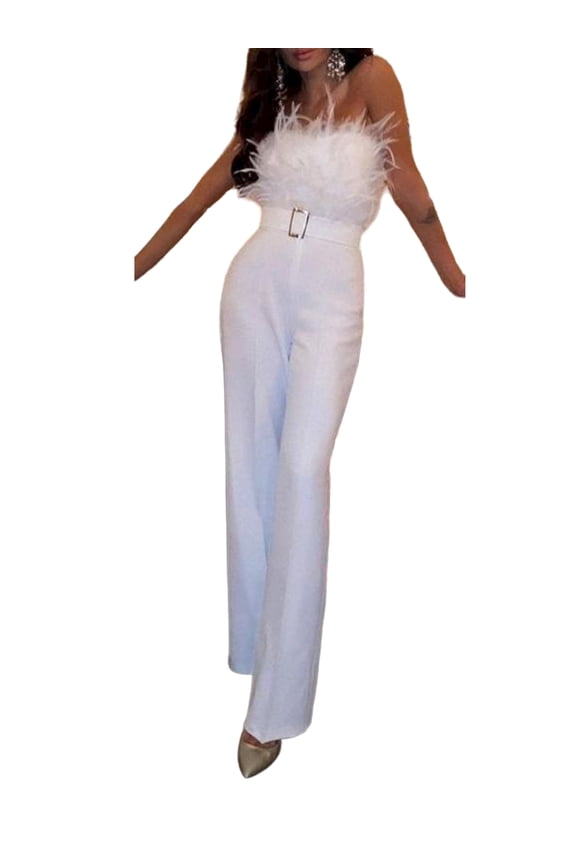 Women Feather Strapless Solid Color Sexy Fashion Jumpsuit