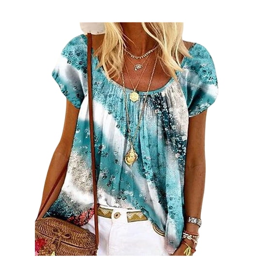 DYMADE Women Floral Print Blouse Wear To Work Summer Blouse Short Sleeve Tee Tops