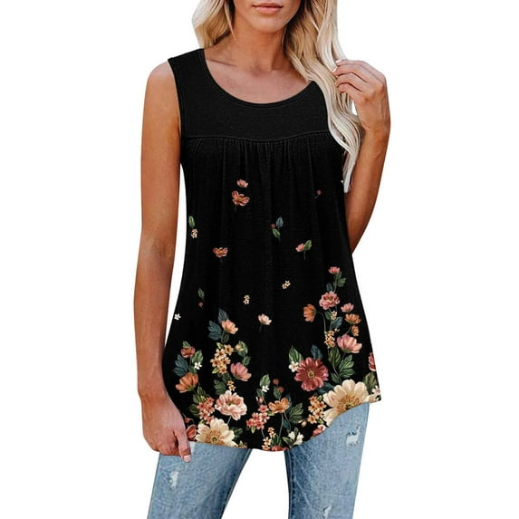 DYMADE Women Floral Print Sleeveless Pleated Casual Vest T-shirt