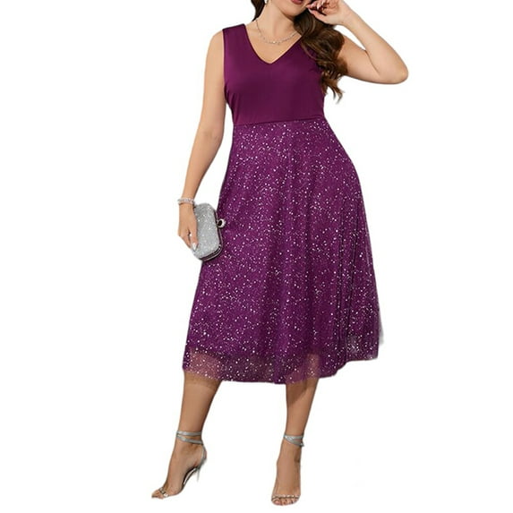 DYMADE Women Formal Party Cocktail Ball Gown Splicing Mesh Sleeveless V-Neck Elegant Tank Dress Plus Size