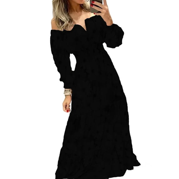 DYMADE Women French Retro Cold Shoulder Sleeve V-Neck Slim Holiday Dress