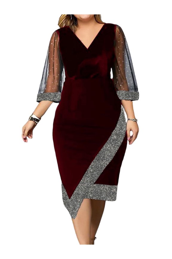 Women Gauze Splice Long Sleeve Skirt Plus Size Velvet Midi Pencil Dress