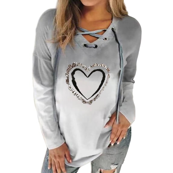 DYMADE Women Gradient Drawstring V-neck Long Sleeve Casual Hooded T-shirt