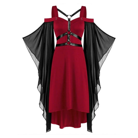 DYMADE Women Halloween Gothic Punk Style Mesh Splicing Strap Sling Dress
