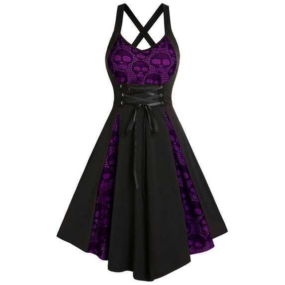 DYMADE Women Halloween Vintage Lace Splice Hanging Strap Dress
