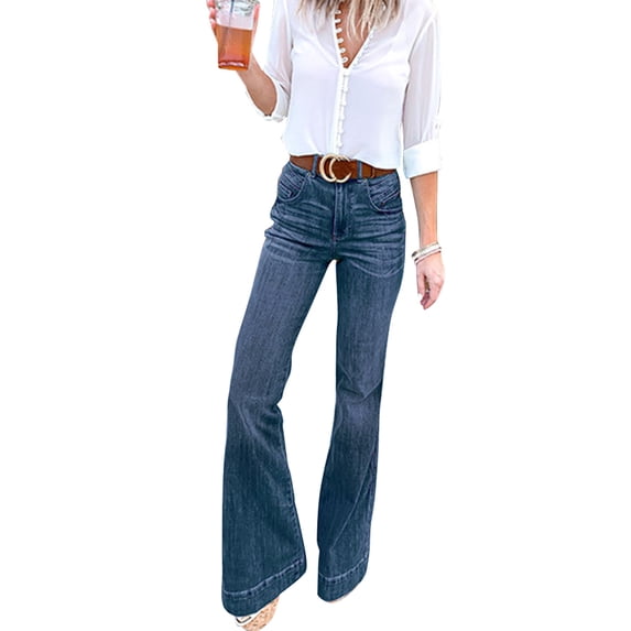 DYMADE Women Flared Pants Denim High Waist Casual Jeans