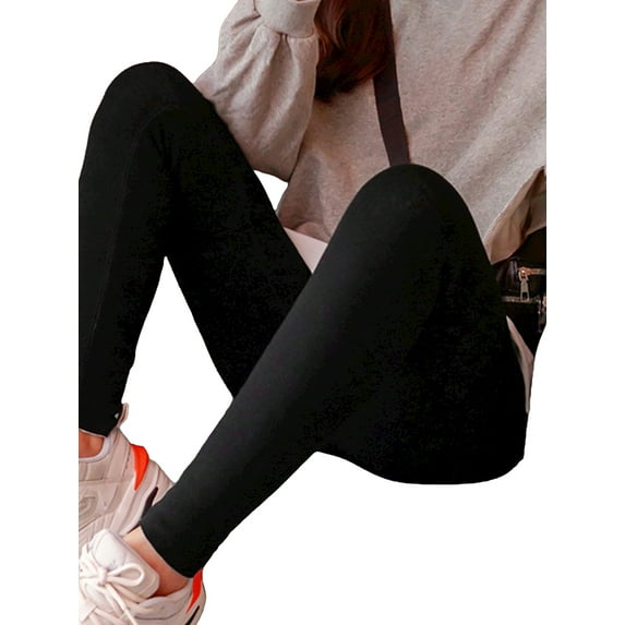 DYMADE Women High Waist Knit Fabric Plush Fleece Elastic Waist Ankle-Length Leggings