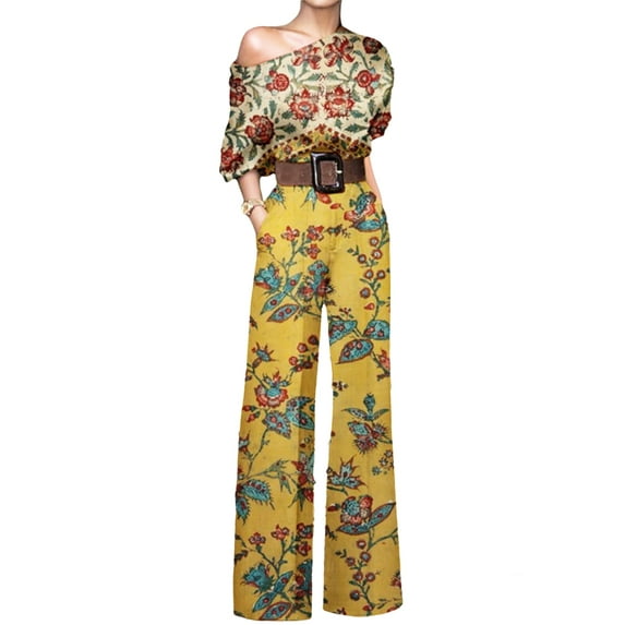 DYMADE Women Holiday Style Slash Neck Casual High Waist Half Sleeve Jumpsuit