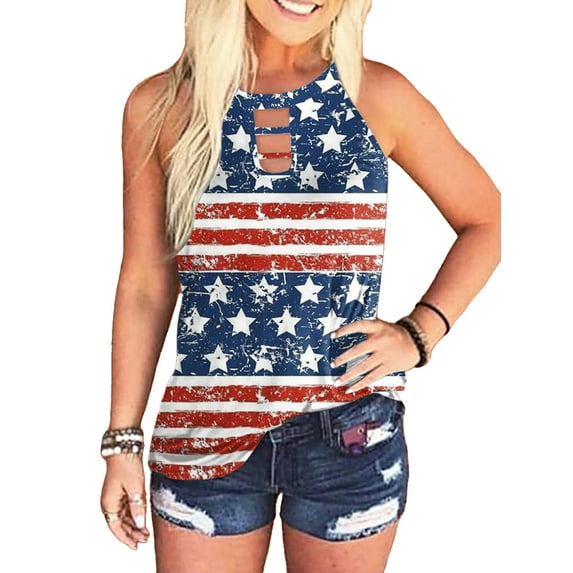 DYMADE Women Independence Day Tops Printed Classic Sleeveless Halter Cami Tank