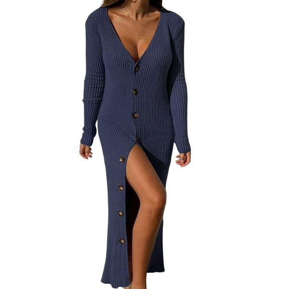 DYMADE Women Knit Fabric Buttons Long Sleeve Cardigan Straight Dress