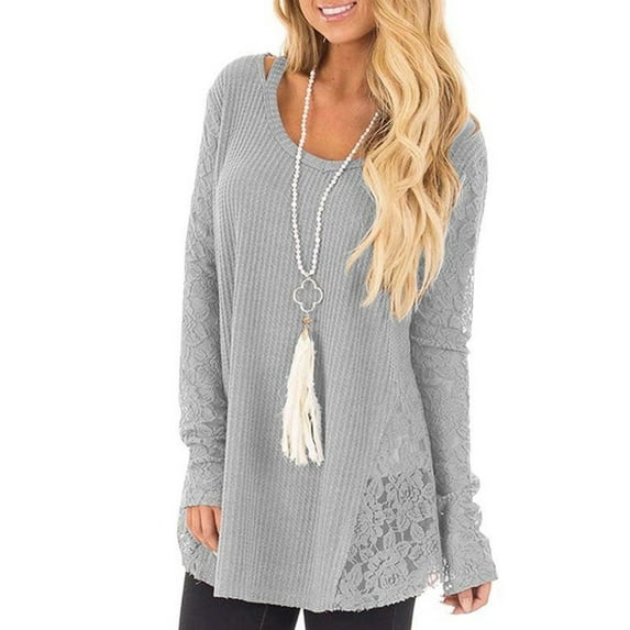 DYMADE Women Lace Splice Long Sleeve Solid Round Neck Top
