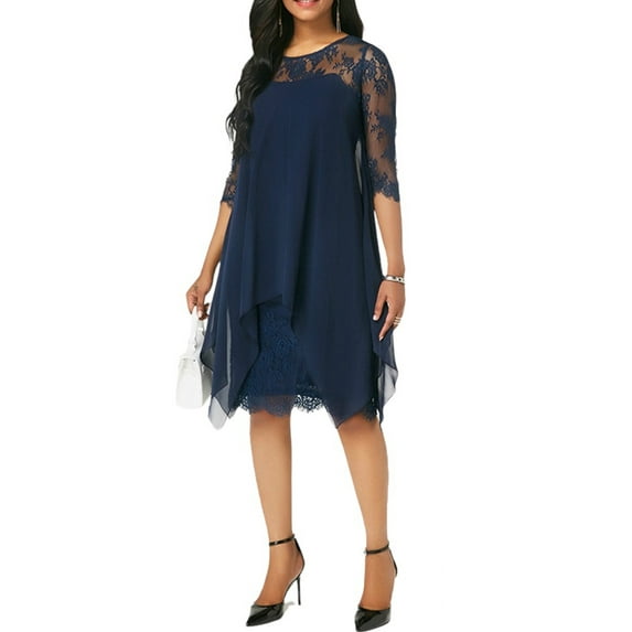 DYMADE Women Lace Spliced Half Sleeve Round Neck Elegant Asymmetrical Dresses