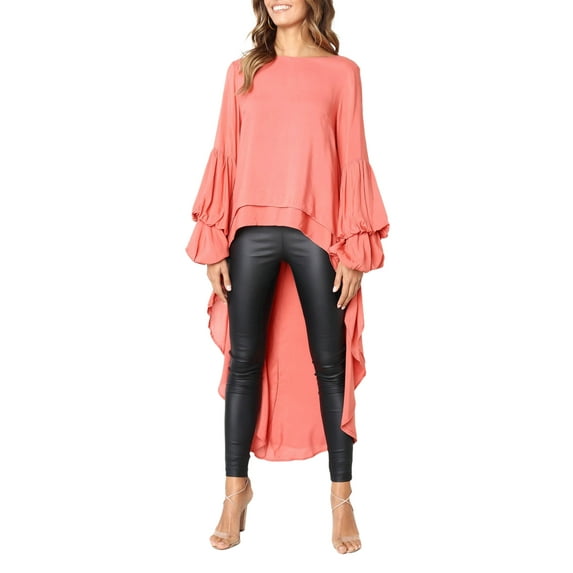 DYMADE Women Lantern Sleeve Chiffon Shirt Dress Irregular Ruffle Swing Blouse Tops