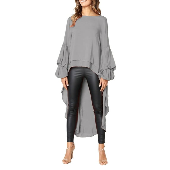 DYMADE Women Lantern Sleeve Chiffon Shirt Dress Irregular Ruffle Swing Blouse Tops