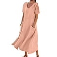 thumbnail image 1 of DYMADE Women Linen Summer Pullover Short Sleeve Basic Plain T-Shirt Dress, 1 of 5