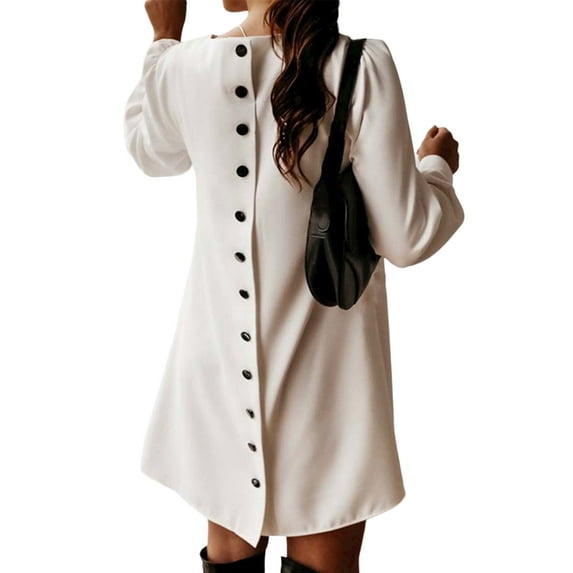 DYMADE Women Long Sleeve Crew Neck Loose Metal Buckle Buttons Dress