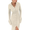 thumbnail image 1 of DYMADE Women Long Sleeve Lapel Cardigan Buttons Knit Fabric Bodycon Dress, 1 of 4
