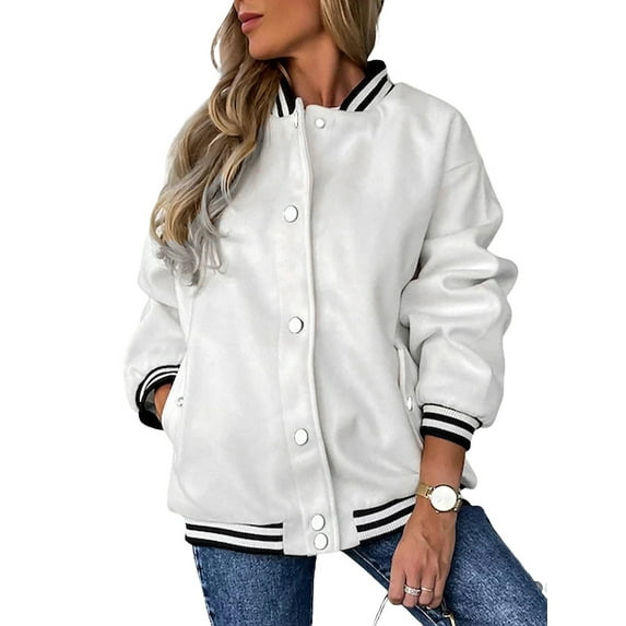DYMADE Women Long Sleeve Pockets Contrast Fleece Bomber Fashion Coat