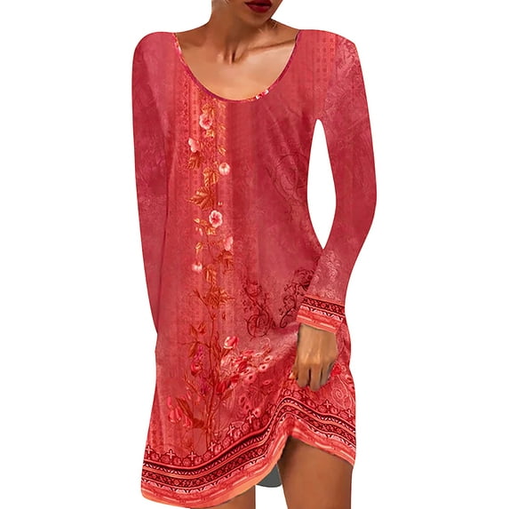 DYMADE Women's Fashion Ethnic Floral Print Long Sleeve Round Neck Knee Length T-Shirt Dress