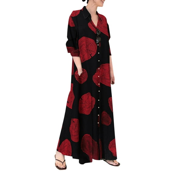 DYMADE Women Long Sleeve Shift Casual Loose Button Shirt Maxi Dress With Pocket