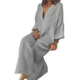 thumbnail image 1 of DYMADE Women Long Sleeve V-Neck Loose Cotton Linen Dress, 1 of 3