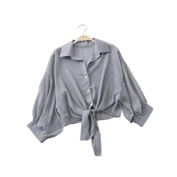 DYMADE Women Loose Long Sleeve Short Classic Single Breasted Summer Woven Blouse