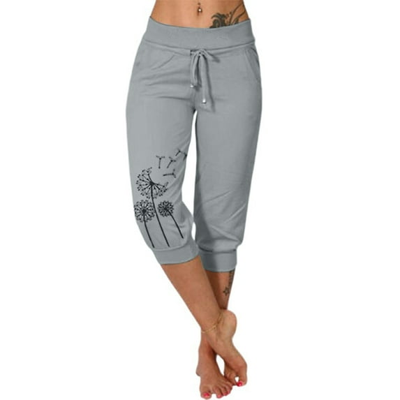 DYMADE Women Mid Rise Waistband Print Casual Cropped Pants
