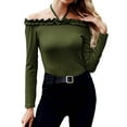 thumbnail image 1 of DYMADE Women Off Shoulder Long Sleeved Slim Fit Ruffled T-shirt, 1 of 4