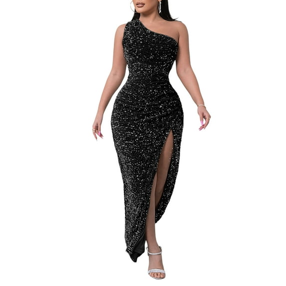 DYMADE Women Party Cocktail Ball Gown Sequins One Shoulder Sleeveless Sexy Side Split Slim Fit Elegant Bodycon Formal Dresses