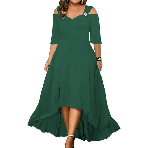 DYMADE Women Party Cocktail Ball Gown Spliced Cold Shoulder Half Sleeve Elegant Fit & Flare Dresses Plus Size