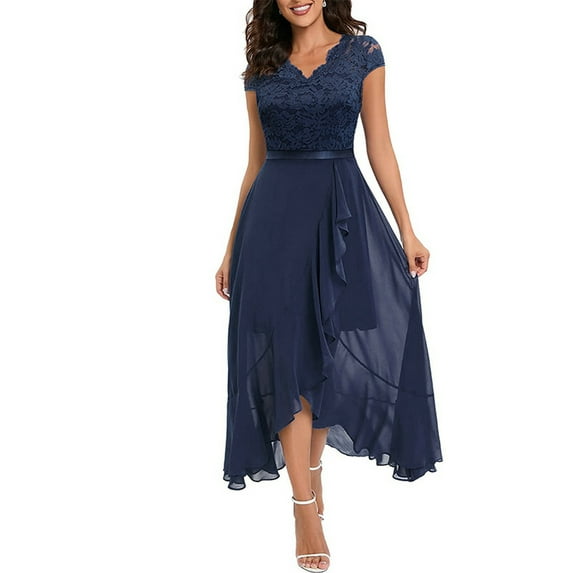 DYMADE Women Party Wedding Bridesmaid Ball Gown High Low Chiffon Asymmetrical Formal Dress