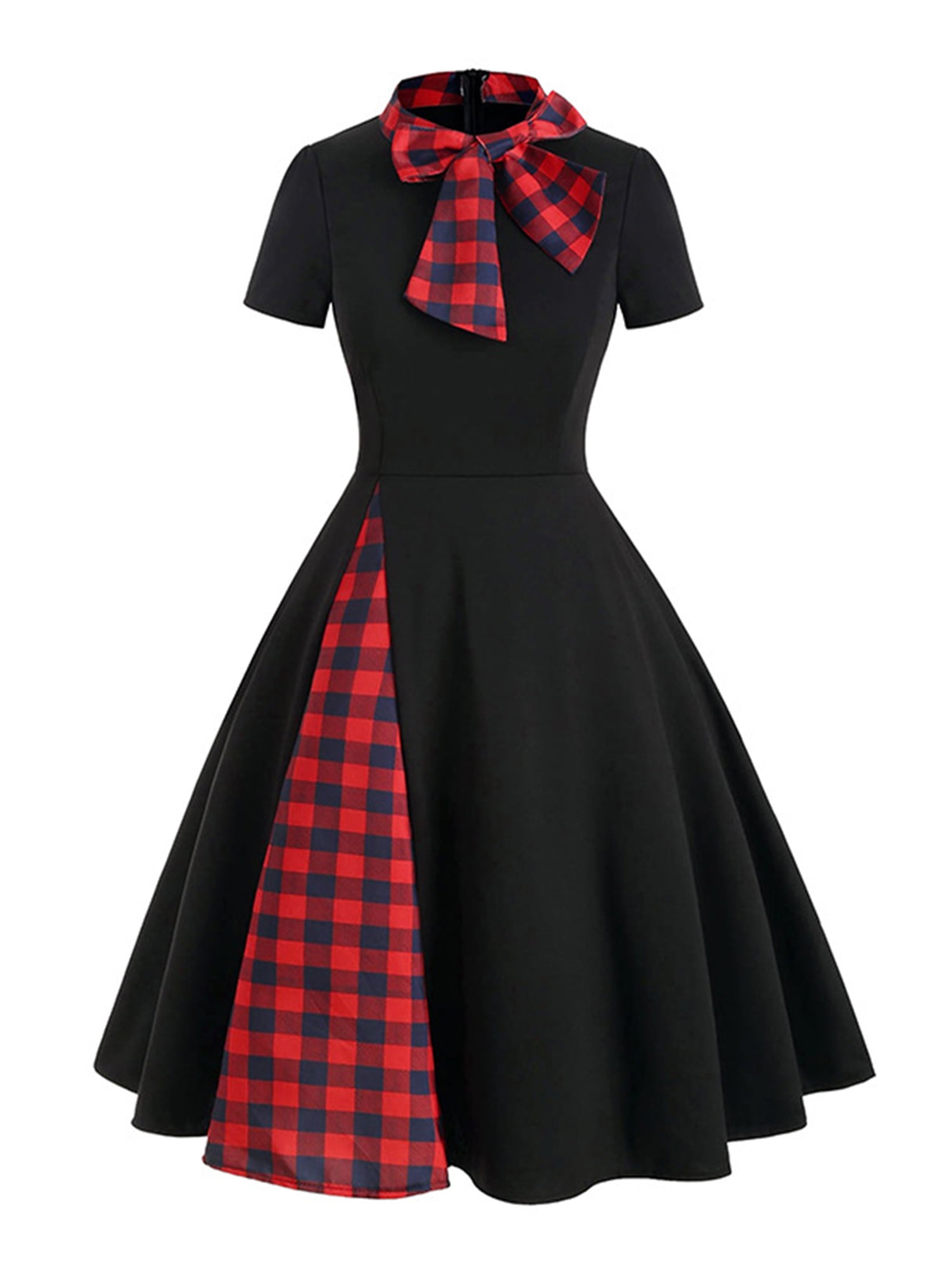 DYMADE Women Plaid Stand Collar Zipper Bow Princess Fitted Mid Waist A-line  Dress - Walmart.com