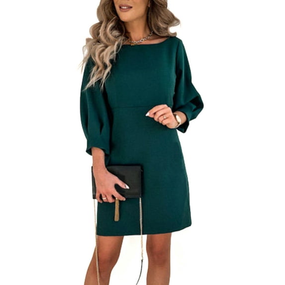 DYMADE Women Plus Size 3/4 Sleeve Waist Closed Solid Elegant Dress