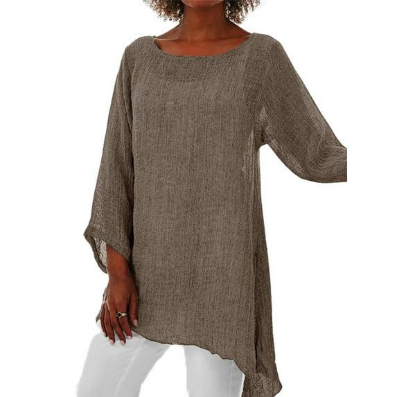 DYMADE Women Plus Size Asymmetric 3/4 Sleeve Scoop Neck Solid Color Loose Tops